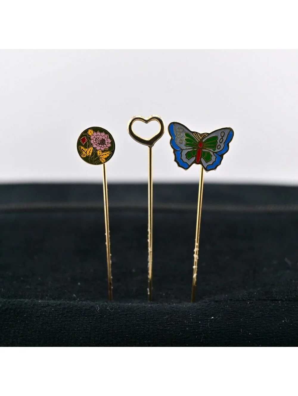 Vintage Butterfly,Hearth,Flower Lapel Stick Pin Gold Tone Brooch Lot of 3